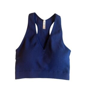 Zenana Ribbed Racerback V Neck Crop Tank Top Blue Size S/M